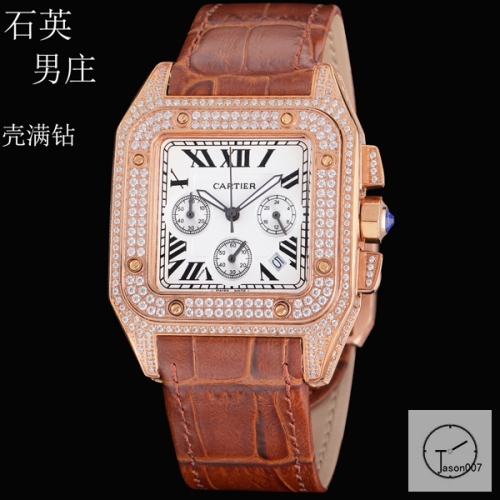 Cartier Santos 100 XL Full Diamond Rose Gold Case Stainless Case White Dial Bezel Quartz Movement Chronograph Function Leather Strap Mens Watch Fh5152036570