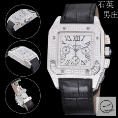Cartier Santos 100 XL Full Diamond Dial And Case Stainless Case White Dial Bezel Quartz Movement Chronograph Function Leather Strap Mens Watch Fh7155036570