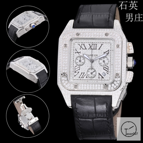 Cartier Santos 100 XL Full Diamond Dial And Case Stainless Case White Dial Bezel Quartz Movement Chronograph Function Leather Strap Mens Watch Fh7155036570