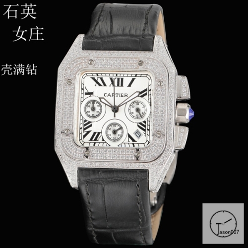 Cartier Santos 100 XL Full Diamond Stainless Case White Dial Bezel Quartz Movement Chronograph Function Leather Strap Womens Watch Fh5151736550