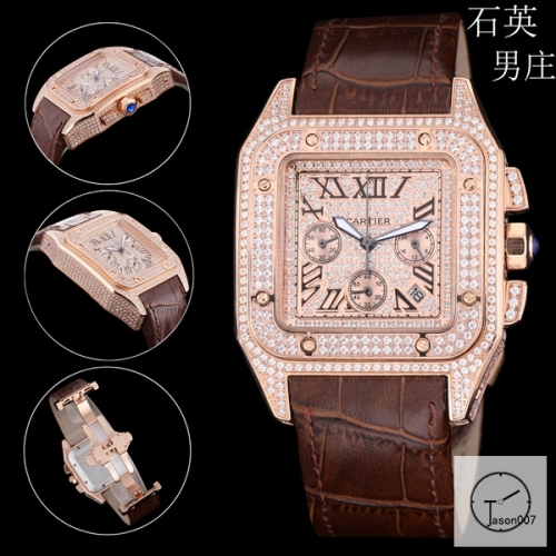Cartier Santos 100 XL Full Diamond Dial And Case Everose Gold Stainless Case White Dial Bezel Quartz Movement Chronograph Function Leather Strap Mens Watch Fh7156036570