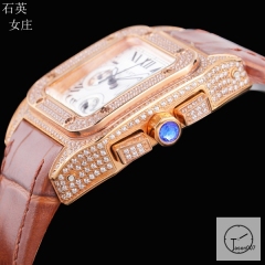 Cartier Santos 100 XL Full Diamond Rose Gold Case Stainless Case White Dial Bezel Quartz Movement Chronograph Function Leather Strap Womens Watch Fh5153036570