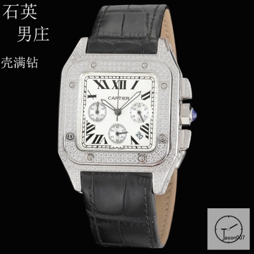 Cartier Santos 100 XL Full Diamond Stainless Case White Dial Bezel Quartz Movement Chronograph Function Leather Strap mens Watch Fh5151036550