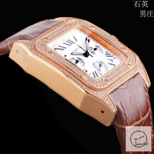 Cartier Santos 100 XL Diamond Case Everose Gold Stainless Case White Dial Bezel Quartz Movement Chronograph Function Leather Strap Mens Watch Fh3160136560