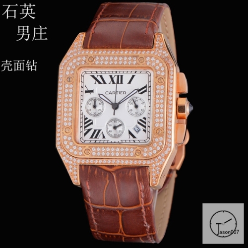 Cartier Santos 100 XL Diamond Case Everose Gold Stainless Case White Dial Bezel Quartz Movement Chronograph Function Leather Strap Mens Watch Fh3160136560
