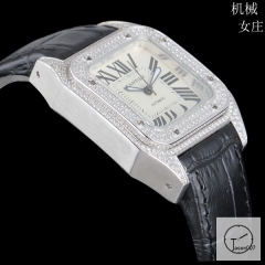 Cartier Santos 100 XL Diamond Bezel Steel Case Luxury White Diamonds Dial Automatic Mechincal Movement Leather Strap Womens Watch Fh3162136520