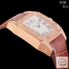 Cartier Santos 100 XL Diamond Bezel Steel Rose Gold Case Luxury White Diamonds Dial Automatic Mechincal Movement Leather Strap Mens Watch Fh3162136580