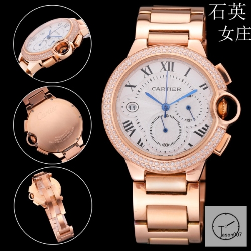 Cartier Ballon Bleu Luxury Silver Dial Rose Gold Diamond Bezel Quartz Chronograph Function Battery Power Stainless Steel Strap Womens Watch Fh226635336555