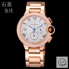 Cartier Ballon Bleu Luxury Silver Dial Rose Gold Diamond Bezel Quartz Chronograph Function Battery Power Stainless Steel Strap Womens Watch Fh226635336555