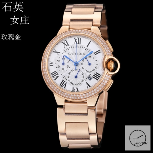 Cartier Ballon Bleu Luxury Silver DiaL Full Rose Gold Diamond Bezel Quartz Chronograph Function Battery Power Stainless Steel Strap Mens Watch Fh223635336555