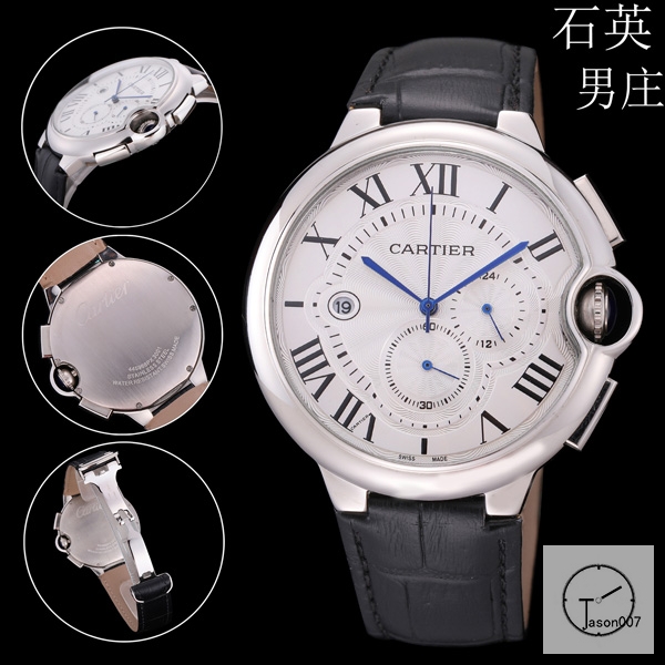 Cartier Ballon Bleu Luxury Silver Dial Smooth Bezel Quartz Chronograph Function Battery Power Leather Strap Mens Watch Fh224135336555