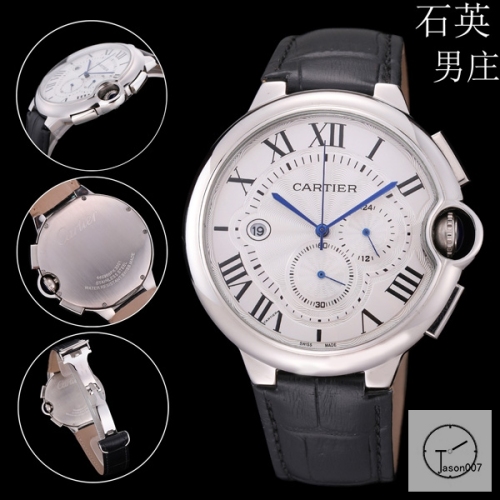 Cartier Ballon Bleu Luxury Silver Dial Smooth Bezel Quartz Chronograph Function Battery Power Leather Strap Mens Watch Fh224135336555