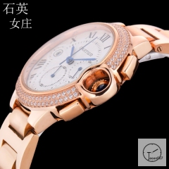 Cartier Ballon Bleu Luxury Silver Dial Rose Gold Diamond Bezel Quartz Chronograph Function Battery Power Stainless Steel Strap Womens Watch Fh226635336555