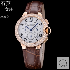 Cartier Ballon Bleu Luxury Silver Dial Rose Gold Diamond Bezel Quartz Chronograph Function Battery Power Leather Strap Mens Watch Fh224035336555