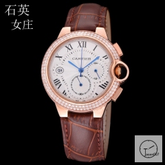 Cartier Ballon Bleu Luxury Silver Dial Diamond Bezel Quartz Chronograph Function Battery Power Leather Strap Womens Watch Fh224735336555