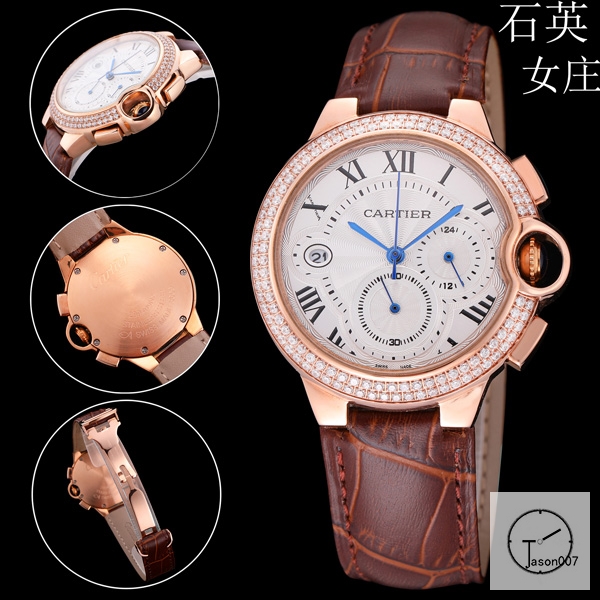 Cartier Ballon Bleu Luxury Silver Dial Rose Gold Case Diamond Bezel Quartz Chronograph Function Battery Power Leather Strap Mens Watch Fh224635336555