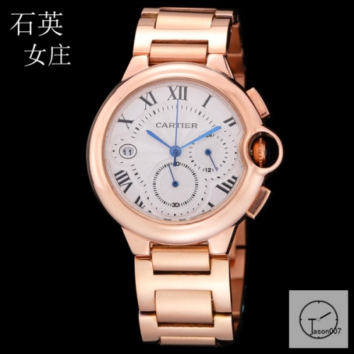 Cartier Ballon Bleu Luxury Silver Dial Rose Gold Smooth Bezel Quartz Chronograph Function Battery Power Stainless Steel Strap Mens Watch Fh225535336555