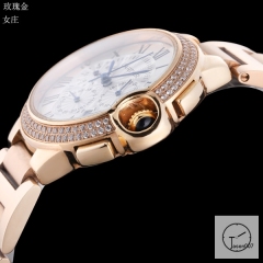 Cartier Ballon Bleu Luxury Silver DiaL Full Rose Gold Diamond Bezel Quartz Chronograph Function Battery Power Stainless Steel Strap Mens Watch Fh223635336555