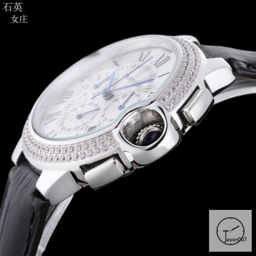 Cartier Ballon Bleu Luxury Silver DiaL Diamond Bezel Quartz Chronograph Function Battery Power Leather Strap Mens Watch Fh223835336555
