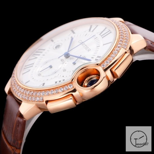 Cartier Ballon Bleu Luxury Silver Dial Rose Gold Case Diamond Bezel Quartz Chronograph Function Battery Power Leather Strap Mens Watch Fh224635336555