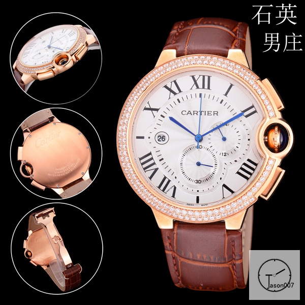 Cartier Ballon Bleu Luxury Silver Dial Rose Gold Case Diamond Bezel Quartz Chronograph Function Battery Power Leather Strap Mens Watch Fh224635336555