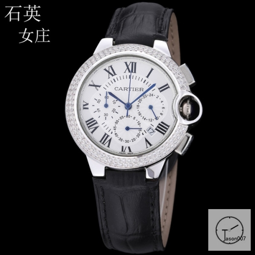 Cartier Ballon Bleu Luxury Silver DiaL Diamond Bezel Quartz Chronograph Function Battery Power Leather Strap Mens Watch Fh223835336555