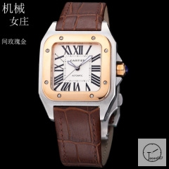 Cartier Santos 100 XL White Dial Two Tone Rose Gold Automatic Movement Brown Leather Strap Womens Watch Fh256266525860