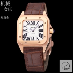 Cartier Santos 100 XL White Dial Rose Gold Automatic Movement Brown Leather Strap Womens Watch Fh256766525880