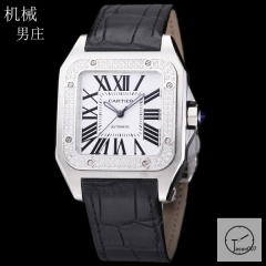 Cartier Santos 100 XL White Dial Diamond Bezel Automatic Movement Black Leather Strap Mens Watch Fh298166525850