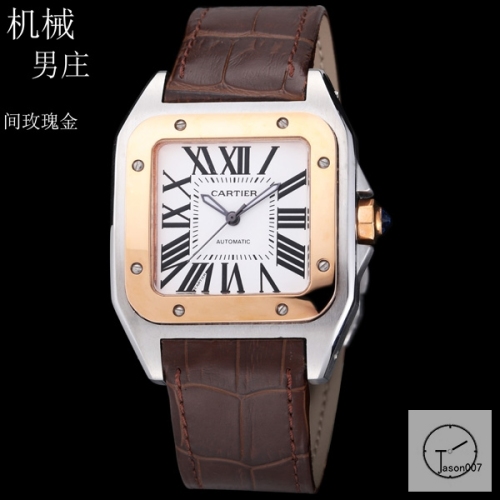 Cartier Santos 100 XL White Dial Two Tone Rose Gold Automatic Movement Brown Leather Strap Mens Watch Fh256166525860