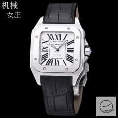 Cartier Santos 100 XL Stainless Case White Dial Automatic Movement Black Leather Strap Womens Watch Fh298671525820