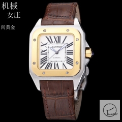 Cartier Santos 100 XL White Dial Two Tone Yellow Gold Automatic Movement Brown Leather Strap Womens Watch Fh265566525860
