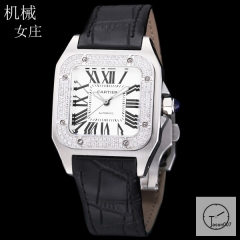 Cartier Santos 100 XL White Dial Diamond Bezel Automatic Movement Black Leather Strap Womens Watch Fh298266525850
