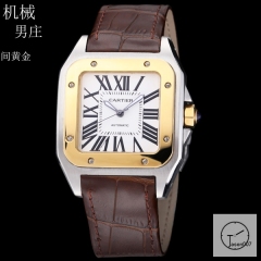 Cartier Santos 100 XL White Dial Two Tone Yellow Gold Automatic Movement Brown Leather Strap Mens Watch Fh298466525860