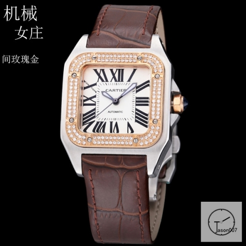 Cartier Santos 100 XL White Dial Diamond Bezel Two Tone Yellow Gold Automatic Movement Brown Leather Strap Womens Watch Fh256266525880
