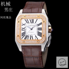 Cartier Santos 100 XL White Dial Diamond Bezel Two Tone Yellow Gold Automatic Movement Brown Leather Strap Mens Watch Fh256266525880