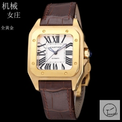 Cartier Santos 100 XL White Dial Yellow Gold Automatic Movement Brown Leather Strap Womens Watch Fh298466525870