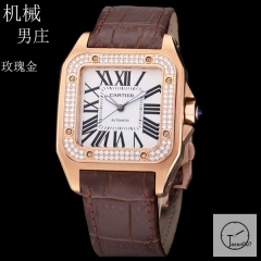 Cartier Santos 100 XL White Dial Diamond Bezel Two Tone Yellow Gold Automatic Movement Brown Leather Strap Mens Watch Fh256266525880