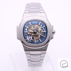 U1 Patek Philippe Skeleton Blue Dial Stainless Steel Transparent Mechanical Automatic Movement Glass Back Men's Watch PU22850590
