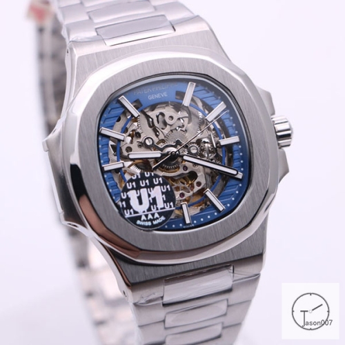 U1 Patek Philippe Skeleton Blue Dial Stainless Steel Transparent Mechanical Automatic Movement Glass Back Men's Watch PU22850590