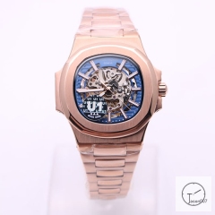 U1 Patek Philippe Skeleton New Blue Dial Rose Gold Stainless Steel Transparent Mechanical Automatic Movement Glass Back Men's Watch PU22810590