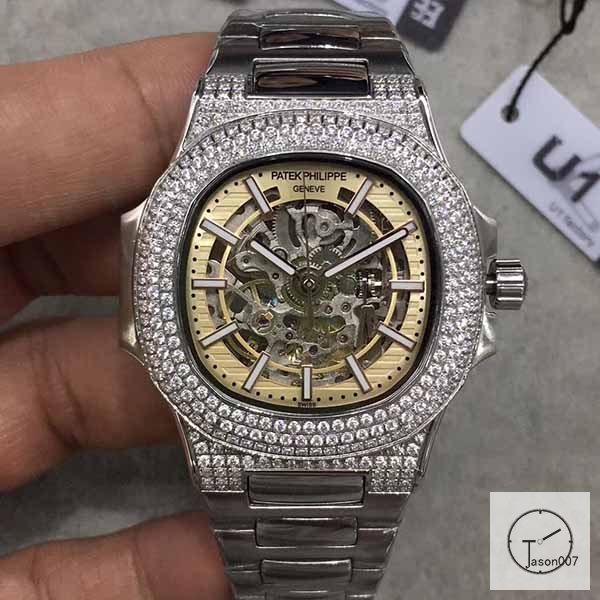 U1 Patek Philippe Nautilus Skeleton Yellow Dial Diamond Bezel Stainless Steel Mechanical Automatic Movement Glass Back Steel Strap Men's Watch PU528291560