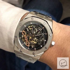 Audemars Piguet Royal Oak Frosted Gold Double Balance Wheel Openworked Skeleton Black Dial Automatic Movement Stainless Steel Mens Watch AU35817720