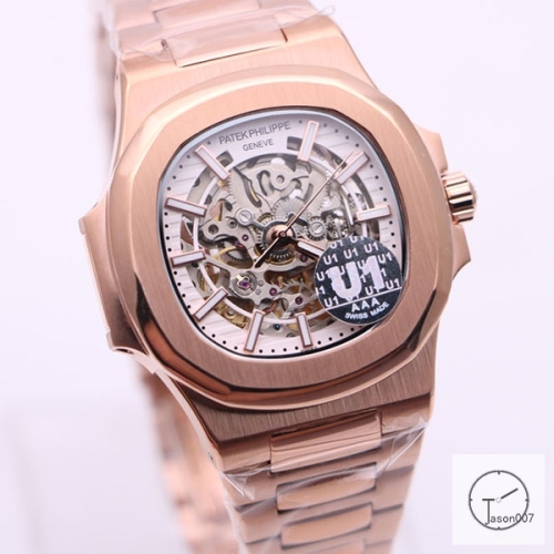 U1 Patek Philippe Skeleton New Silver Dial Rose Gold Stainless Steel Transparent Mechanical Automatic Movement Glass Back Men's Watch PU22830590