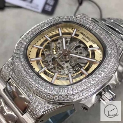 U1 Patek Philippe Nautilus Skeleton Yellow Dial Diamond Bezel Stainless Steel Mechanical Automatic Movement Glass Back Steel Strap Men's Watch PU528291560