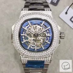 U1 Patek Philippe Nautilus Skeleton Blue Dial Diamond Bezel Stainless Steel Mechanical Automatic Movement Glass Back Steel Strap Men's Watch PU528191560