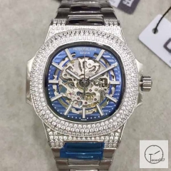 U1 Patek Philippe Nautilus Skeleton Blue Dial Diamond Bezel Stainless Steel Mechanical Automatic Movement Glass Back Steel Strap Men's Watch PU528191560