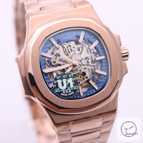U1 Patek Philippe Skeleton New Blue Dial Rose Gold Stainless Steel Transparent Mechanical Automatic Movement Glass Back Men's Watch PU22810590