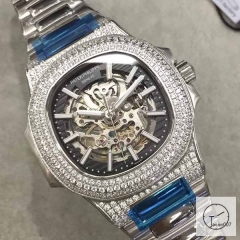 U1 Patek Philippe Nautilus Skeleton Black Dial Diamond Bezel Stainless Steel Mechanical Automatic Movement Glass Back Steel Strap Men's Watch PU528392560