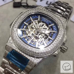 U1 Patek Philippe Nautilus Skeleton Blue Dial Diamond Bezel Stainless Steel Mechanical Automatic Movement Glass Back Steel Strap Men's Watch PU528191560